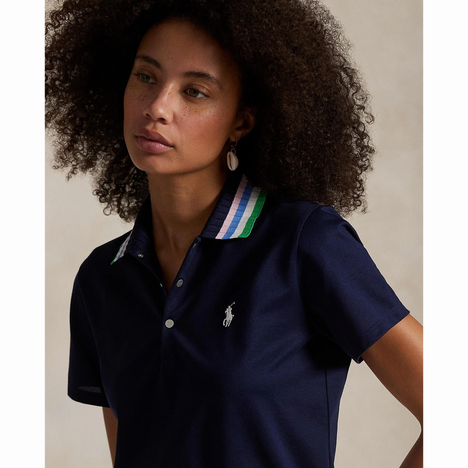 RLX Ralph Lauren Women's Tour Pique Knit-Collar Polo Golf Shirt - Refined Navy/Tiller Green Multi Quick-Dry Fabric Weekend Escape
