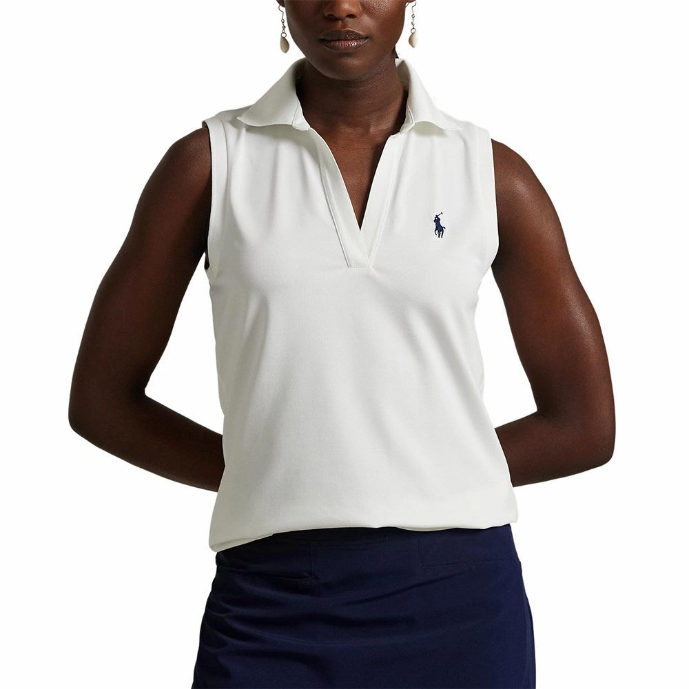 RLX Ralph Lauren Women's Tour Pique V-Neck Sleeveless Polo Shirt - Ceramic White Breathable Weave Collared Shirt