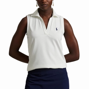 RLX Ralph Lauren Women's Tour Pique V-Neck Sleeveless Polo Shirt - Ceramic White Breathable Weave Collared Shirt