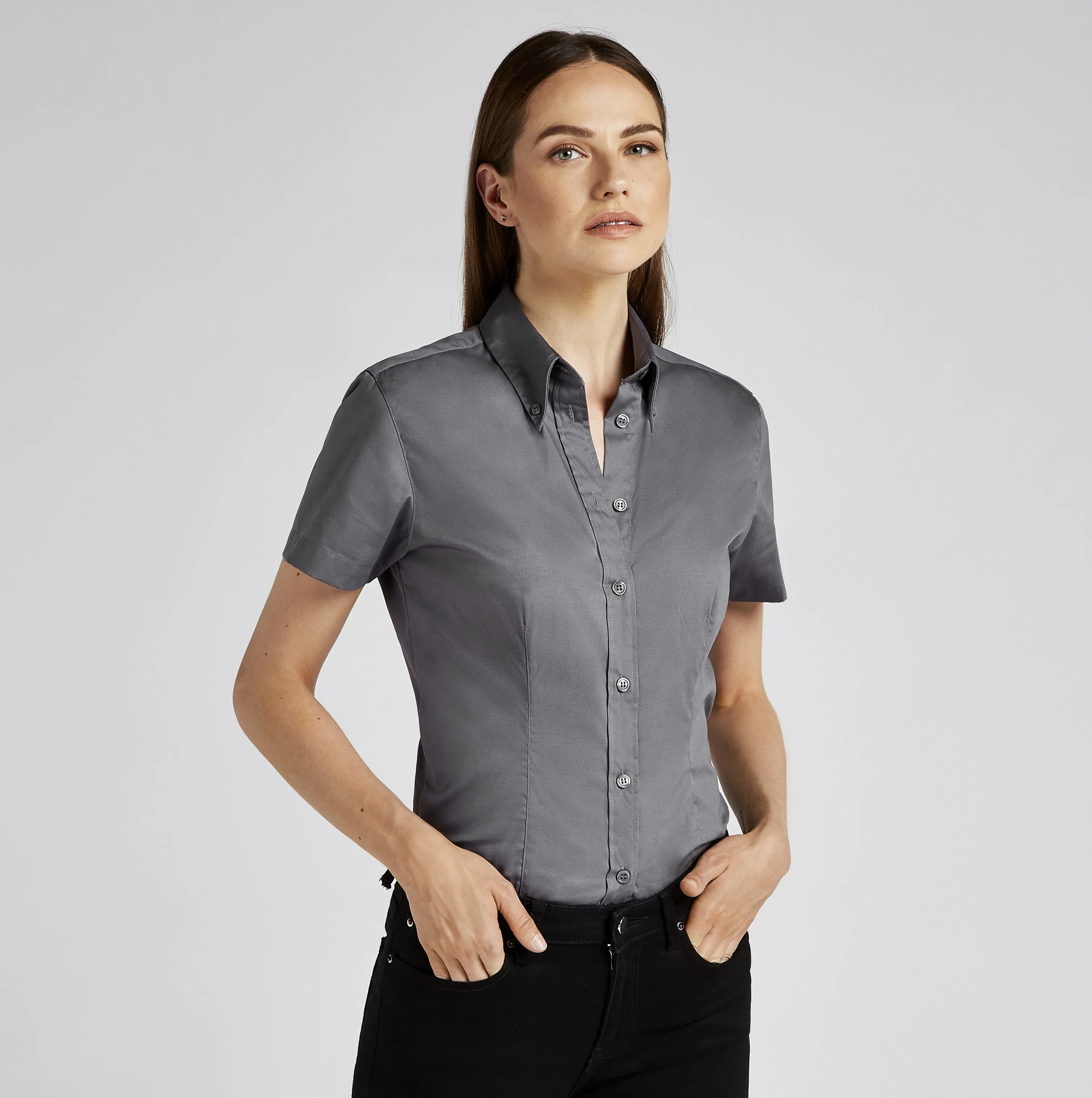 Ladies Short Sleeve Corporate Oxford Blouse | BLACK Noble Grace
